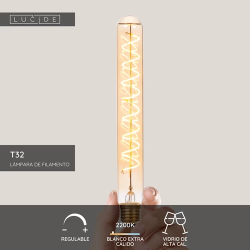 Lucide T32 - Lámpara de filamento - Ø 3,2 cm - LED 3 StepDim (Memoria) - E27 - 1x4,9W 2200K - Ámbar - USP